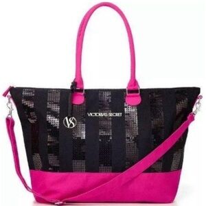 Victoria Secret Sequin Weekender Bag Overnight Tote Black & Pink Travel Duffel
